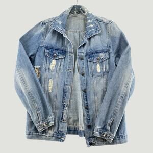 Windsor Distressed Denim Jacket Light Wash Button Front Size M